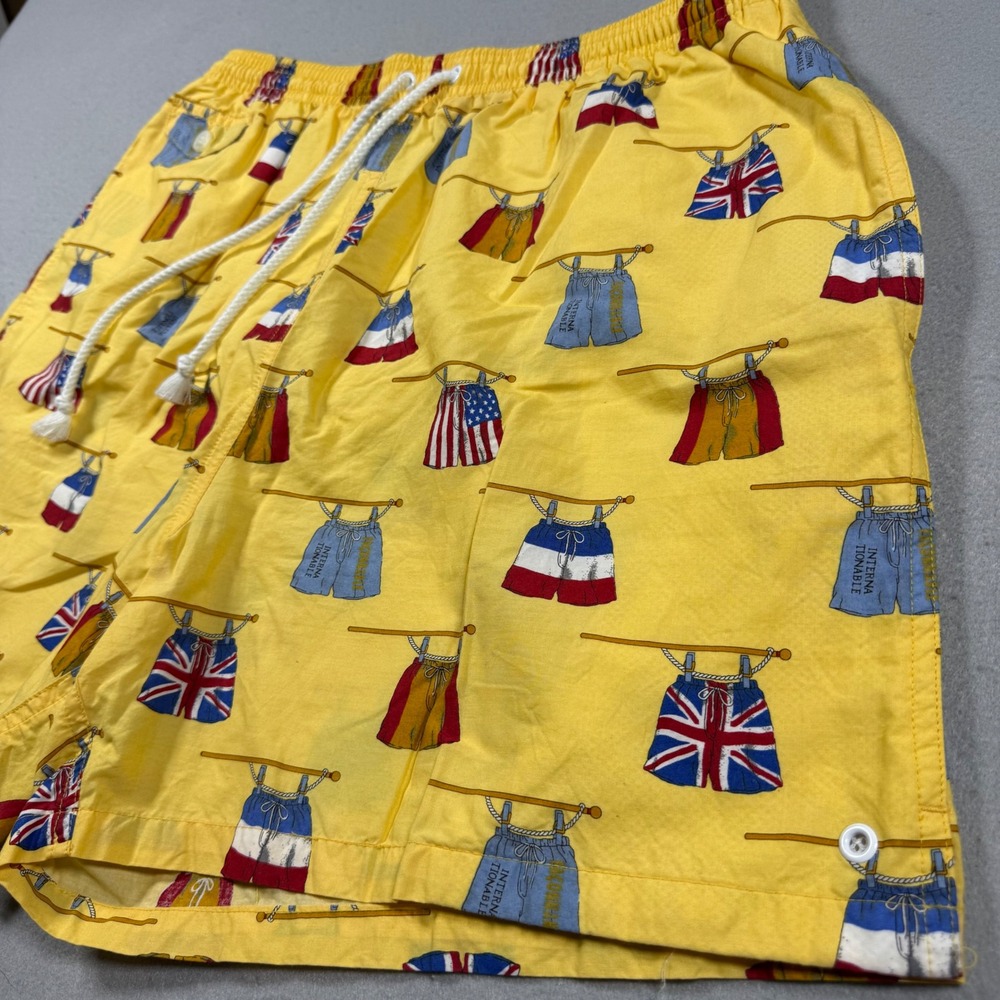Faconnable Mens Yellow International‎ Flag Print Swim Trunks XL Cotton Shorts